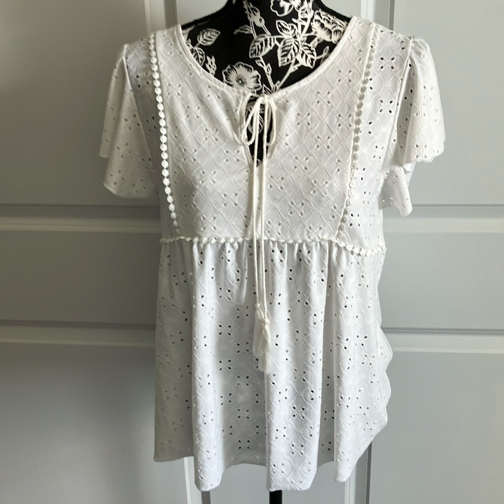 White Flutter Sleeve Blouse with Ruffled Tie Front
